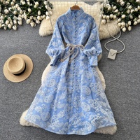 Robe longue décontractée pour femme, coupe trapèze, broderie cachemire, manches longues, col montant, ceinture, pour le quotidien