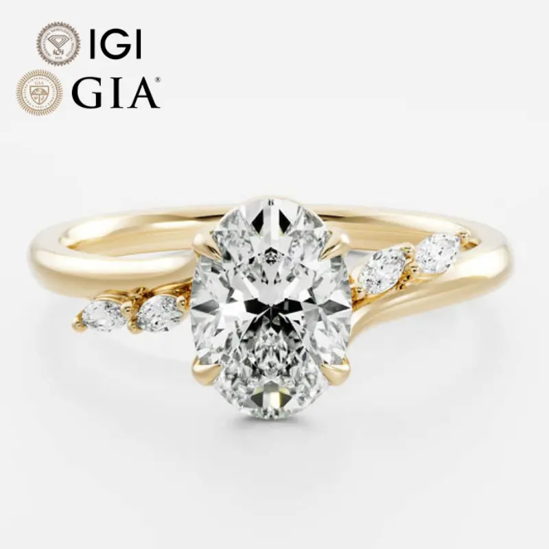 Personnalisé Gia Igi Certifié Vvs Cvd Lab Crown Créé Diamant 10k 14k 18k Or Massif Taille Ovale Bague de Fiançailles 1 2 3 Ct Carat 2ct