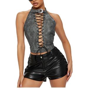 Novedad de verano, <span class=keywords><strong>Chaleco</strong></span> Corto tejido de <span class=keywords><strong>piel</strong></span> sintética para mujer, Top ajustado, correa sin espalda, diseño Sexy - Product Image 1