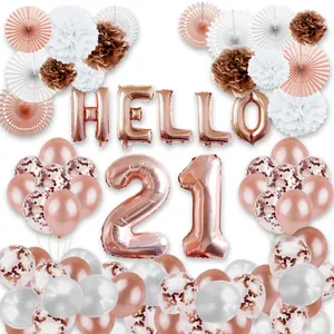 Hello 21 Balloons Rose Gold Foil Birthday Decorations for All Ages Birthday Party Supplies With Foil Balloons Paper Poms