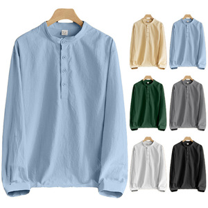 เสื้อเชิ้ตผู้ชายทรงหลวม ผ้าลินินสีพื้น แขนยาว คอตั้ง ระบายอากาศได้ดี สวมใส่สบาย 95% ลินิน 5% โพลีเอสเตอร์ - Product Image 1