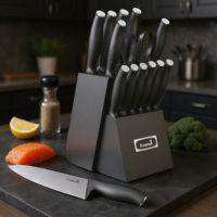 Ensemble de couteaux de chef Kuisine en acier inoxydable à haute teneur en carbone, 15 pièces, avec bloc à couteaux, aiguiseur à couteaux, manche en PP, compatible lave-vaisselle, design moderne