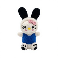Poupée lapin artisanale en feutre de laine écologique, nœud rose, robe bleue, décoration murale, petit animal de dessin animé, Noël, intérieur
