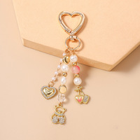 Porte-clés Cœur Mignon avec Perles, Breloque Ourson et Cerise, Pendentif de Sac, Anneau de Clés Or et Argent, Accessoire de Mode pour Femme, Cadeau