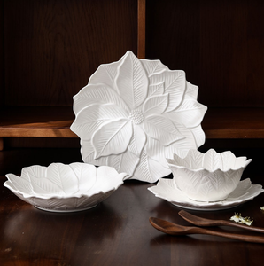 Wholesale 3D Embossed Leaf Shaped Ceramic Plates, Pure White Irregular Dinnerware Bulk Custom Logo for Wedding & Hotel Banquet - Product Image 5