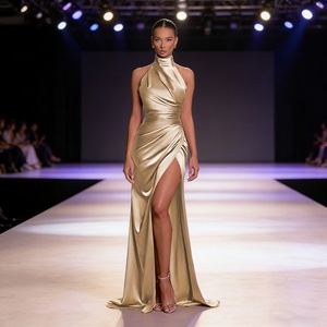 Abito Lungo Elegante <span class=keywords><strong>da</strong></span> <span class=keywords><strong>Sera</strong></span>/Ballo in Raso Color Champagne, Senza Maniche, con Dettagli Drappeggiati, per Matrimoni e Feste <span class=keywords><strong>da</strong></span> Donna - Product Image 1