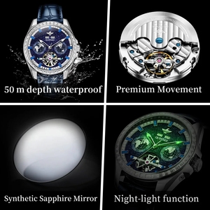 นาฬิกาข้อมือผู้ชาย OUPINKE 3280 รุ่นหรูหรา ดีไซน์ Flywheel Hollow ระบบอัตโนมัติเต็มรูปแบบ แบรนด์ดัง หน้าปัดลายท้องฟ้า กระจกแซฟไฟร์ - Product Image 4