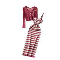 Ensemble 2 pièces élégant pour femme : Cardigan en maille ajourée à manches longues et robe, style délicat