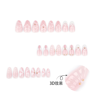 <span class=keywords><strong>Uñas</strong></span> Postizas Acrílicas 3D Estilo Francés, Color Rosa y Blanco, Diseño Floral Delicado, Forma Almendrada, 24 Piezas, con Pegamento, Personalizables - Product Image 2