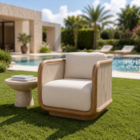 Moderner Outdoor-Teakholz-Sessel mit Seilgeflecht-Detail, Luxuriöser Garten-Loungesessel mit Wasserfestem Kissen für Villa und Poolbereich