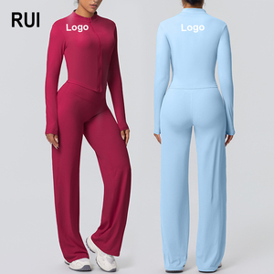 RUIQUWIN Wholesale Women's Moisture Wicking Gym Clothes Zip <b>Jacket</b> Wide Leg Pants Quick Dry Breathable Fitness <b>Yoga</b> Suit - Product Image 1
