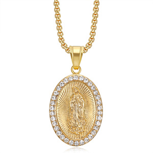 Hip Hop Religioso Titanio Acero Joyería Rhinestone CZ Blessed Saint Hail Virgen María Colgante Collares - Product Image 2