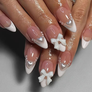 Uñas Postizas de Almendra Blancas con Diseño Francés y Lazo de Perlas, Desmontables, 24 Piezas con Lima de Uñas - Product Image 1