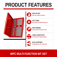 Juego de 40 Puntas Torx y Spline en Estuche Metálico Rojo, Doble Longitud (30/75mm), para Uso Profesional en Automoción y Taller