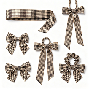 Chouchou à cheveux multi-styles à queue longue ou courte, en satin pied-de-poule, avec nœud en tissu fait main pré-noué, pour accessoire de coiffure rétro floral - Product Image 4