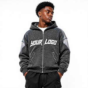 Hot Selling Custom Rhinestone Heavyweight Acid Wash Zip Hoodie Pearl Oversized Streetwear Hoodies For Men - Product Image 1