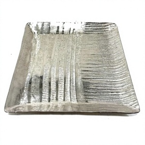 Silver Serving Tray Metal Rectangular Charger Platter Hammered Textured Decorative Dish Luxury Wedding <b>Party</b> <b>Table</b> Decor - Product Image 1