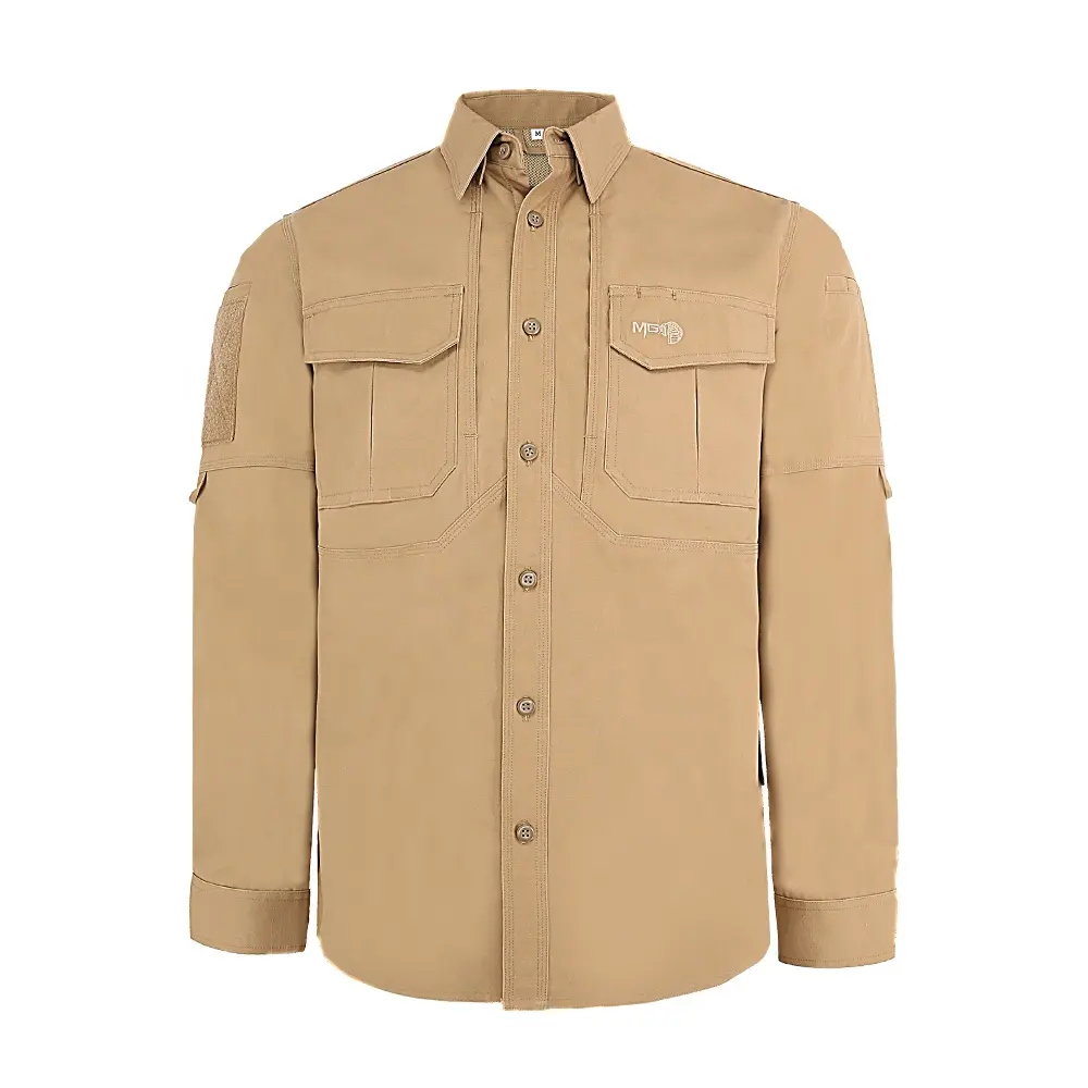 KMS Custom Wholesale Plain Breathable Cotton Long Sleeve Cotton Khaki Tactical Shirts For Men