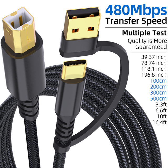Justlink 2 1 USB C B 2.0 Printer Cable 480Mbps Nylon Braided Fast Data Cord for // Printers Scanner MIDI Controller