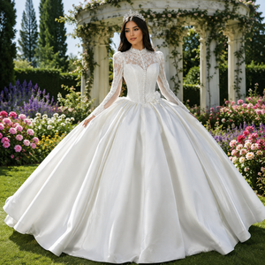 Lscm103 Elegant Satin Ball Gown <b>Wedding</b> Dress Lace Bodice Pearl Button Long Sleeve Puffy Shoulder Bridal Gown Jancember - Product Image 1
