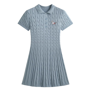 Elegante Abito Mini in Maglia con Colletto alla Marinara, da Donna, Blu Navy con Finiture <span class=keywords><strong>a</strong></span> Righe, Fiocco, Maniche Corte, Vestibilità Slim, Orlo Svasato, Stile Preppy - Product Image 6
