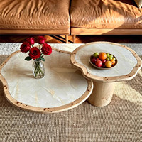 Grande table basse ronde moderne de style nordique pour salon, en bois, finition brillante, onyx blanc, avec plateau en marbre.