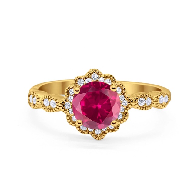 925 Sterling Silver Trendy Rhodium Plated Ruby and Zircon Halo Floral Wedding Ring