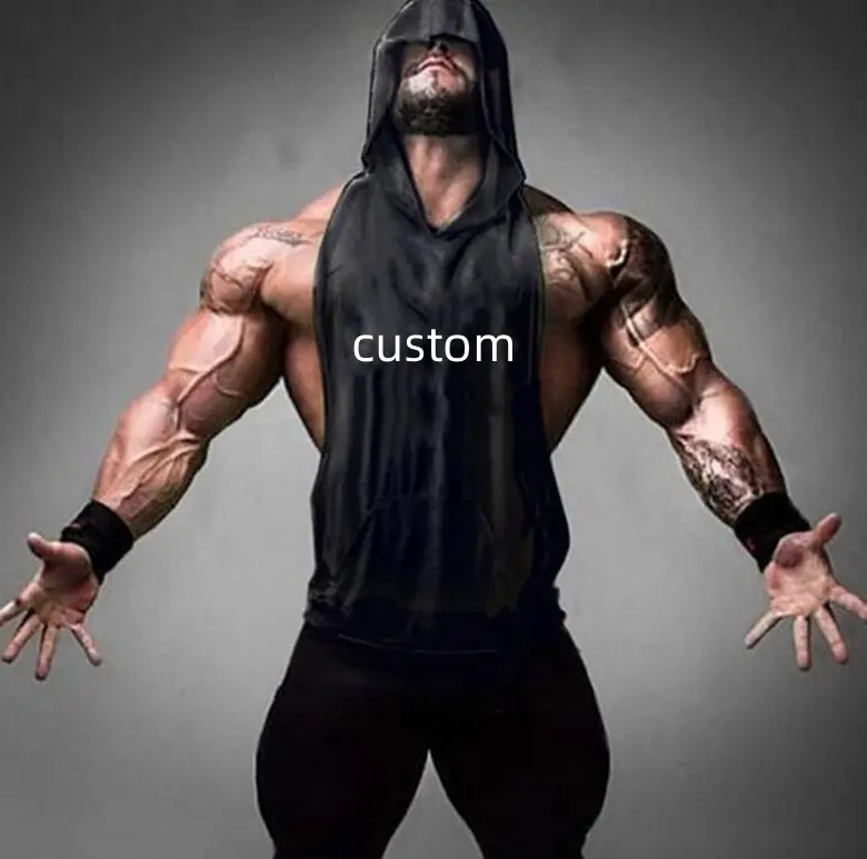 Custom Men's Sports Vest Hooded Gym Fitness Workout Sleeveless Muscle T Shirt Stringer Tank Top
