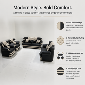 Conjunto de sofás modernos en contraste, sofá de cuero negro y crema 1+1+2+3 con capitoné de botones de diamante, muebles para sala de estar - Product Image 2