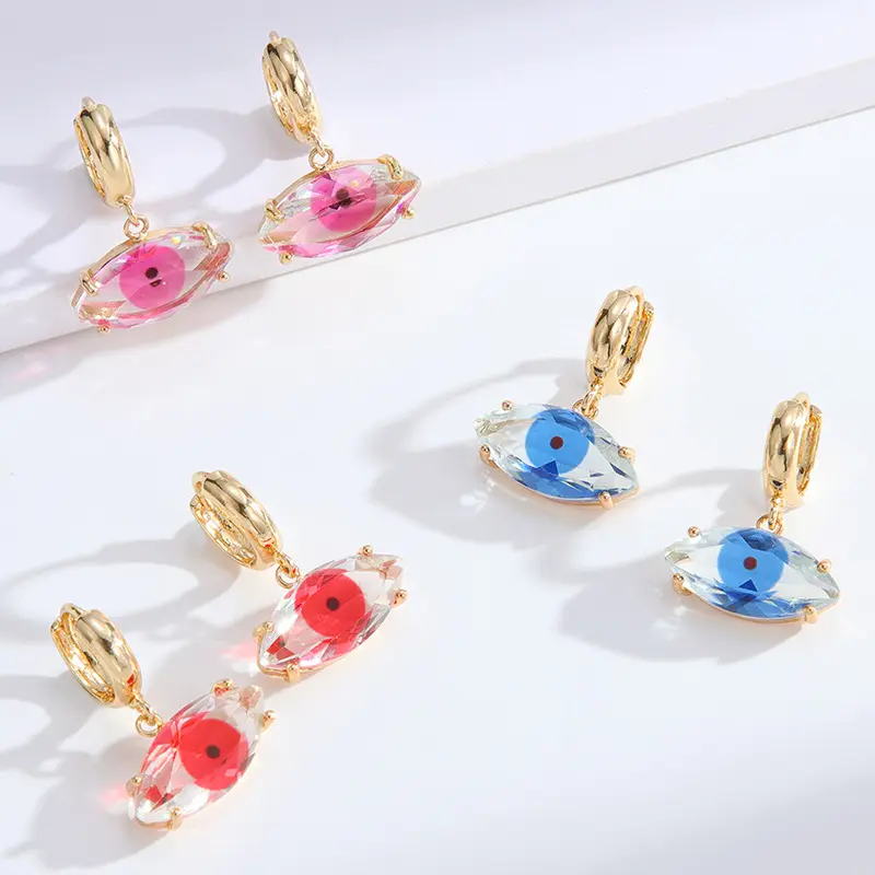2022 blue eye earrings huggies earrings gold Plated Eye Shape Crystal Zircon Pendant Charm Huggie Hoop Earring For Women