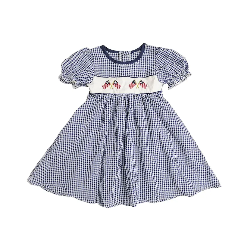 Vestido infantil de algodão, vestido com bandeira da américa, roupa de algodão, peça única, azul, gingham, design bordado