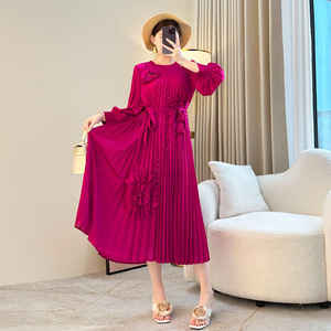 2025 printemps été mode robuste perlé brodé plissé anti-âge Style occidental lâche a-ligne longueur au sol <span class=keywords><strong>solide</strong></span> pour - Product Image 1