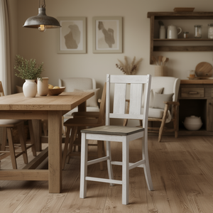 Chaise de salle à manger en bois massif blanc antique, dossier à lattes, hauteur de comptoir, pour salle à manger - Product Image 2