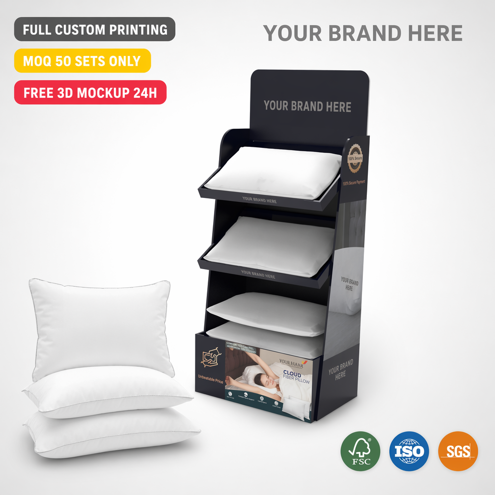 Floor Pillow & Bedding Display Racks Angled Shelves Wood Custom Header Easy Assembly for for Home Textile Retail for Pillow