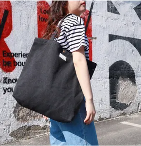 coreano lienzo bolso de la cremallera Suppliers-Bolso de mano de gran tamaño para mujer, con logotipo personalizado, cremallera coreana, de lona, para compras
