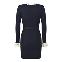 Robe courte moulante en tricot pour femme, élégante, à col rond, manches longues évasées, ornée de fleurs et de perles, avec ceinture