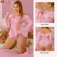 Robe de nuit sexy en maille transparente rose pour femmes grandes tailles, style babydoll, épaules dénudées, manches longues, volants, lingerie, mini robe