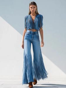 Calças <span class=keywords><strong>Jeans</strong></span> Femininas Casuais com Franjas Personalizadas, Estilo Streetwear, Cintura Alta, Y2K, Ajuste Slim, Calças Flare - Product Image 3
