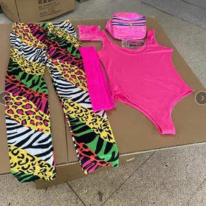 Vrouwen Neon Roze Sportkleding 6 Stks/set 80S 90S Luipaard Legging Cosplay Kostuum Hoofdband Outfits Pak Workout Jogger Set Ecoparty