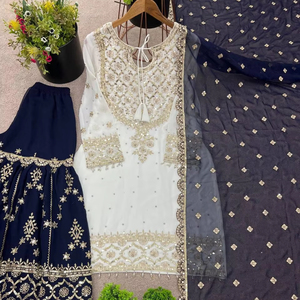 ชุดสาหรี่กะมีซผ้าจอร์เจียต์เนื้อหนาสำหรับผู้หญิง แห้งเร็ว ใส่ได้ทุกฤดู เหมาะสำหรับใส่ไปชายหาด งานปักเลื่อมแบบดั้งเดิม 5 มม. แขนยาว - Product Image 1