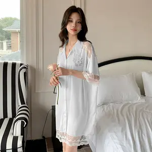 Mùa Hè 2024 Áo Thiết Kế Một Mảnh Váy Ngủ Phụ Nữ Ren Sexy Ngủ Đêm Ăn Mặc Phụ Nữ Ngắn Tay Áo Ve Áo Sơ Mi Đồ Ngủ