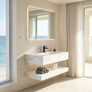 Meuble de salle de bain moderne flottant à double niveau en marbre avec plan de travail en pierre frittée, vasque en céramique et <span class=keywords><strong>miroir</strong></span> LED <span class=keywords><strong>pour</strong></span> villa - Product Image 5