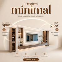 Meuble TV mural intégré moderne de luxe avec console multimédia flottante, rétroéclairage LED et système d'armoires au fini mat