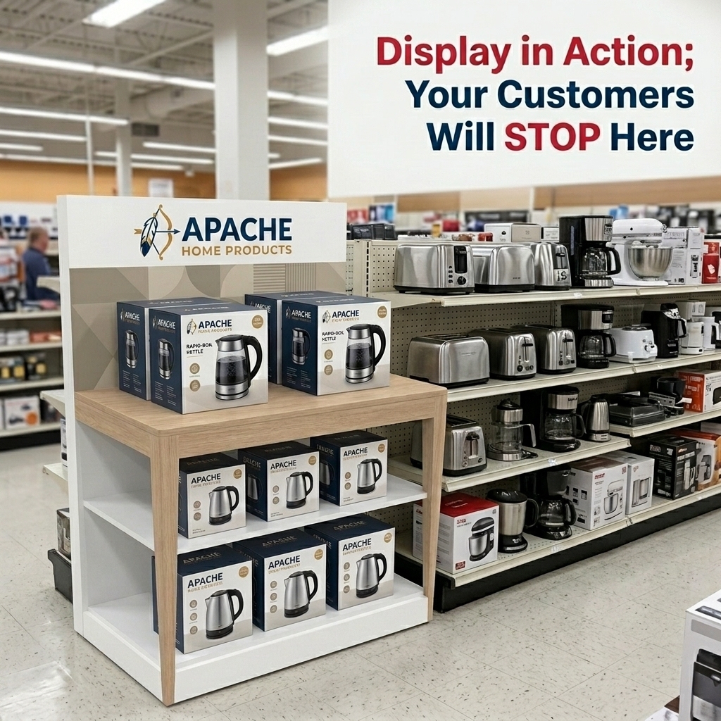 Custom Wood Home Appliance Display Rack 2-Tier Heavy Duty Merchandiser Knock Down Floor Stand for Department Store and Mall Use