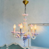 Lustre suspendu en verre et céramique artisanal rose Murano de luxe, élégant, pour hôtel, maison, salon