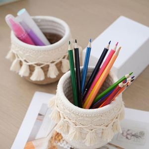 Modern Boho Woven Basket Small Cotton Rope <b>Storage</b> Bin <b>with</b> Macrame Fringe for <b>Dressing</b> <b>Table</b> Makeup Tools Home Decor - Product Image 6