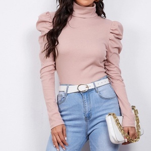 Blouses élégantes en tricot côtelé de haute qualité pour le printemps et l'automne 2025, col roulé, manches longues bouffantes, pour femmes - Product Image 2