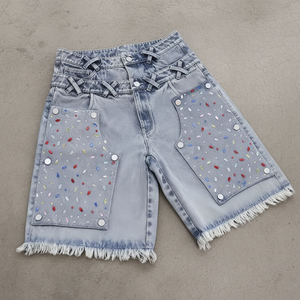 Pantaloncini <span class=keywords><strong>Cargo</strong></span> Y2K da Uomo in Denim con Doppia Vita, Orlo Grezzo, Diamanti e Strass, Vestibilità Larga, Personalizzati dal Produttore - Product Image 2