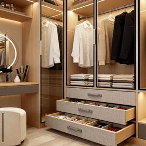 Modern Wood-Tone <b>Wardrobe</b> with Glass Sliding Doors LED Lighting & Vanity Niche Large-Capacity Bedroom <b>Storage</b> Furniture - Product Image 6