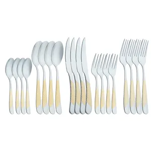 Sendok garpu emas panjang dan perak, peralatan makan Set sendok dan garpu berlapis emas stainless steel